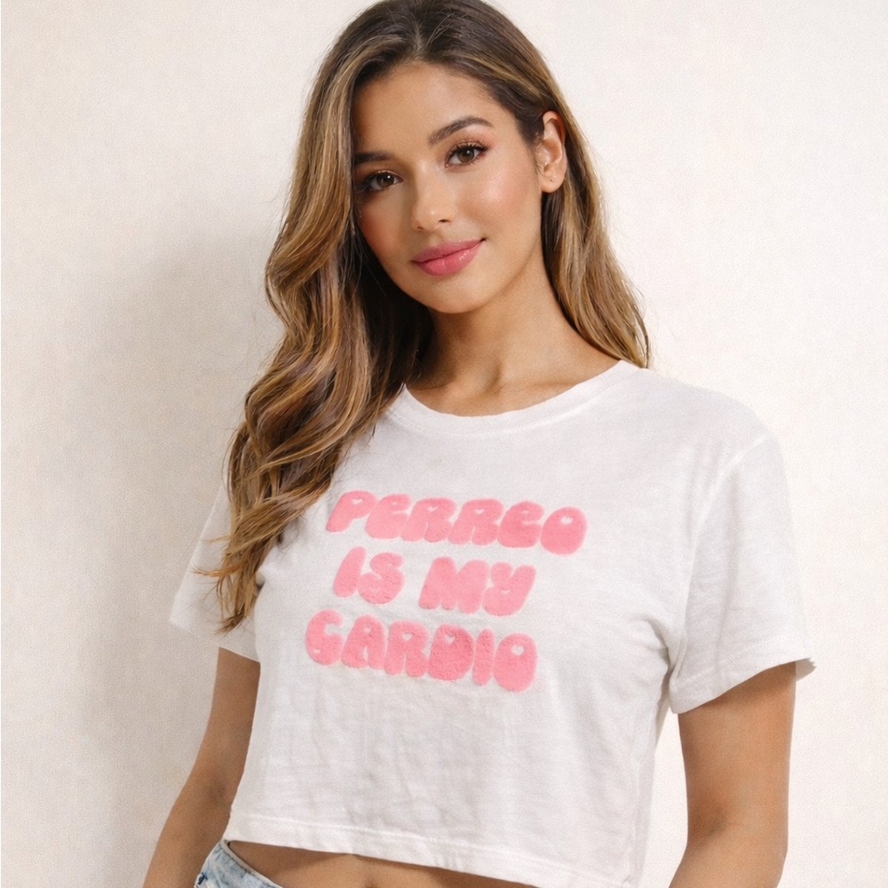 White and Pink Perreo Graphic Crop cotton Top